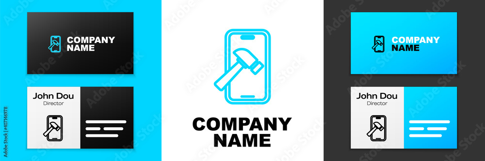 Blue line Smartphone with broken screen icon isolated on white background. Shattered phone screen icon. Logo design template element. Vector. Blue line Smartphone with broken screen icon isolated on white background. Shattered phone screen icon. Logo design template element. Vector.