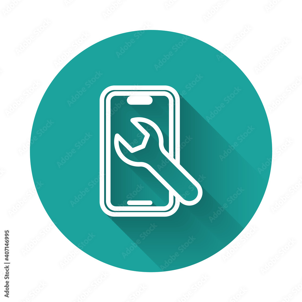 White line Mobile phone with wrench icon isolated with long shadow background. Adjusting, service, setting, maintenance, repair. Green circle button. Vector. White line Mobile phone with wrench icon isolated with long shadow background. Adjusting, service, setting, maintenance, repair. Green circle button. Vector.