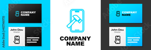 Blue line Smartphone with broken screen icon isolated on white background. Shattered phone screen icon. Logo design template element. Vector.
