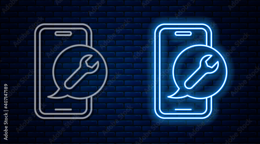 Glowing neon line Mobile phone with wrench icon isolated on brick wall background. Adjusting, service, setting, maintenance, repair. Vector. Glowing neon line Mobile phone with wrench icon isolated on brick wall background. Adjusting, service, setting, maintenance, repair. Vector.