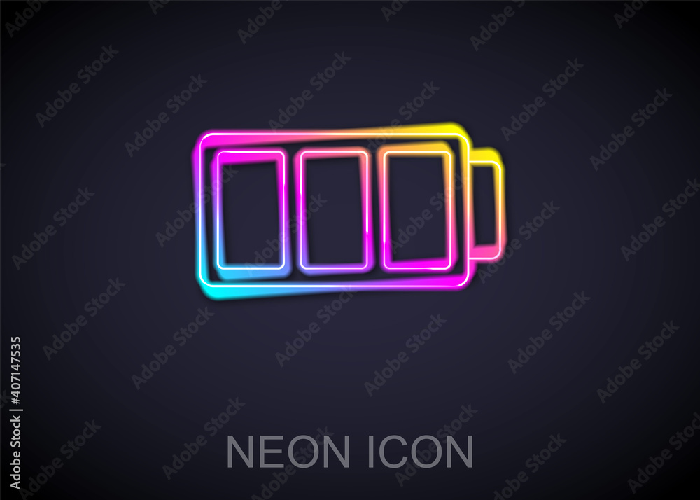 Glowing neon line Battery charge level indicator icon isolated on black background. Vector.