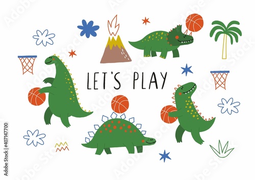 Cute Dinosaurs playing basketball - vector illustration in flat style. Cartoon dino with basketball