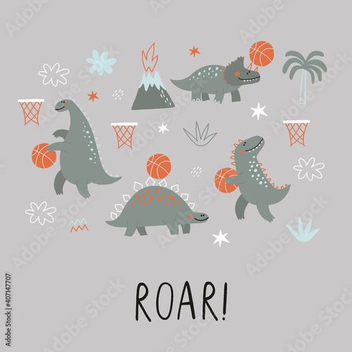 Cute Dinosaurs playing basketball - vector illustration in flat style. Cartoon dino with basketball