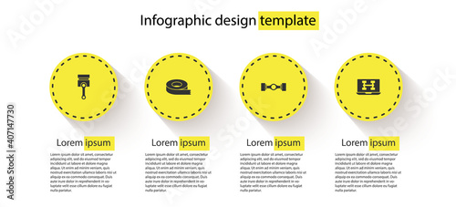 Set Engine piston, Scotch tape, Chassis car and Diagnostics condition of. Business infographic template. Vector.