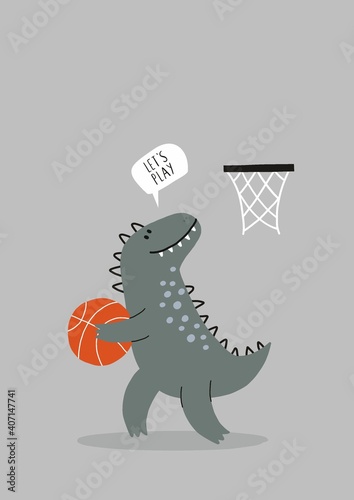 Cute Dinosaurs playing basketball - vector illustration in flat style. Cartoon dino with basketball