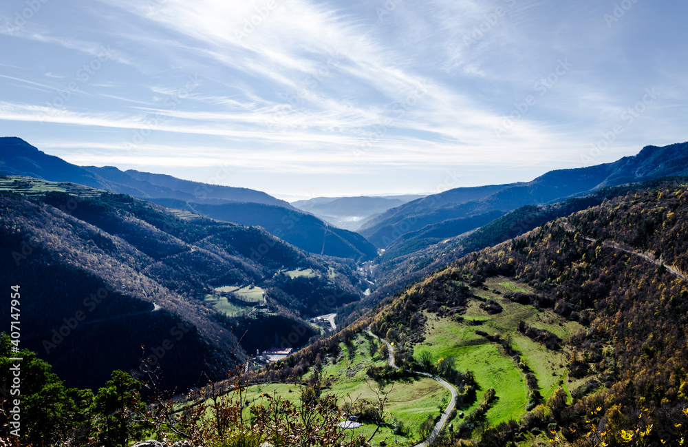 Aerial view of the mountainous landscape of Valle de Ribes in Catalonia, Spain