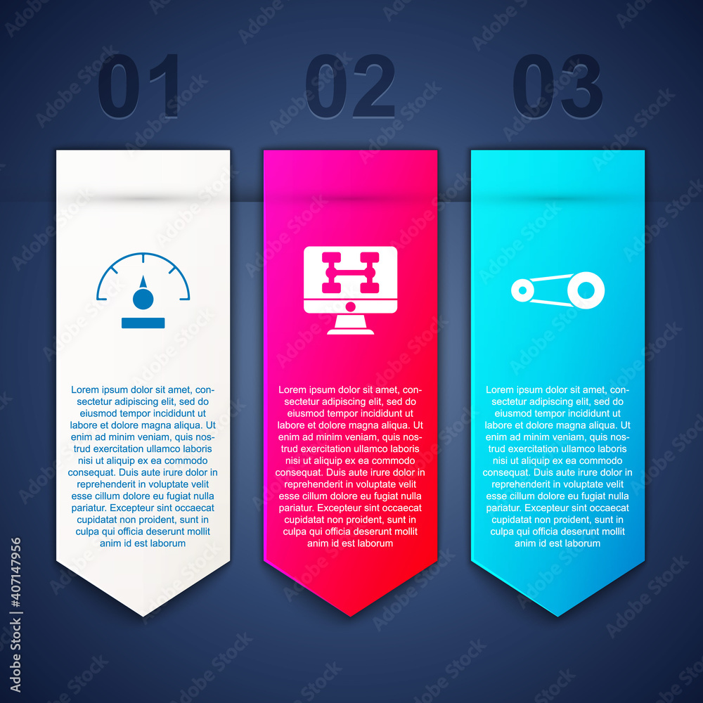 Set Speedometer, Diagnostics condition of car and Timing belt kit. Business infographic template. Vector.