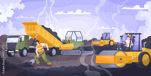 Road Paving Flat Composition