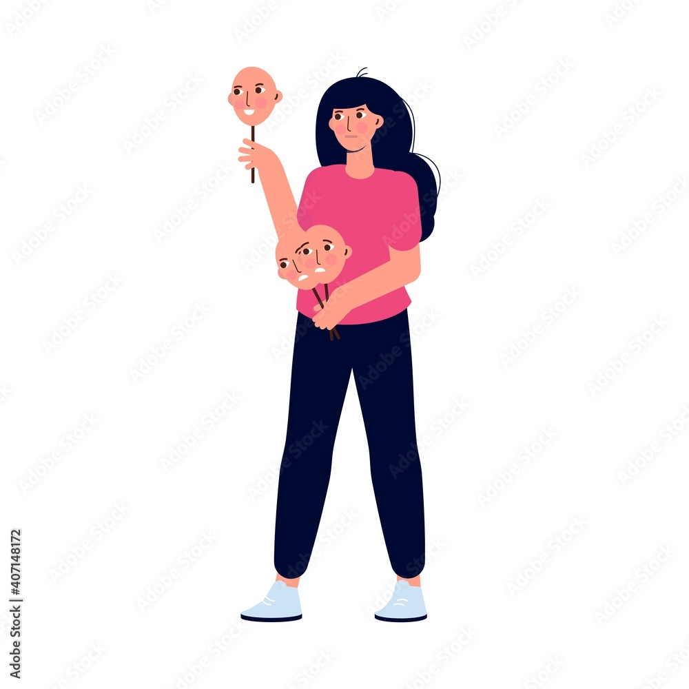 Fake emotion, play a role concept. Character holds masks with different emotions. Vector illustration, flat style Fake emotion, play a role concept. Character holds masks with different emotions. Vector illustration, flat style