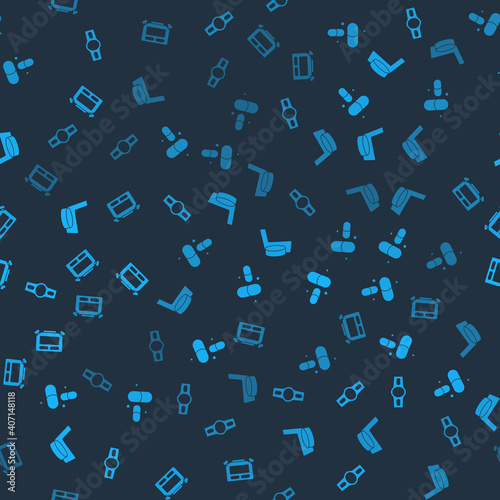 Set Boxing belt, Vitamin pill, Ice hockey stick and puck and Stopwatch on seamless pattern. Vector.
