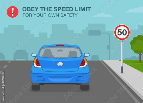 Safety driving rules. Obey the speed limit warning poster design. Character driving a blue sedan car on the city street. Flat vector illustration template.