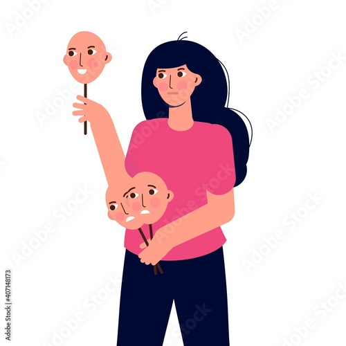 Fake emotion, play a role concept. Character holds masks with different emotions. Vector illustration, flat style