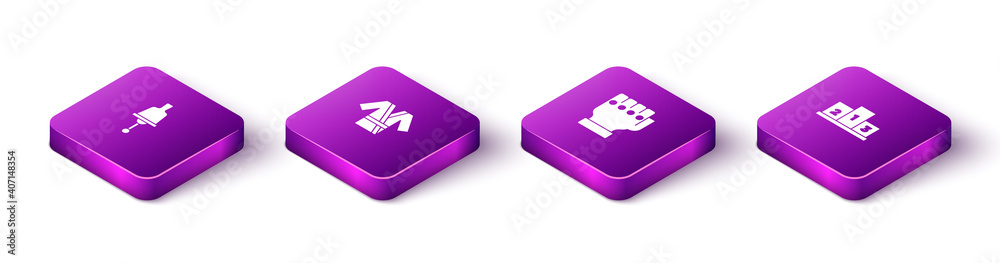 Set Isometric Ringing bell, Japanese costume Kimono, MMA glove and Award over sports winner podium icon. Vector. Set Isometric Ringing bell, Japanese costume Kimono, MMA glove and Award over sports winner podium icon. Vector.