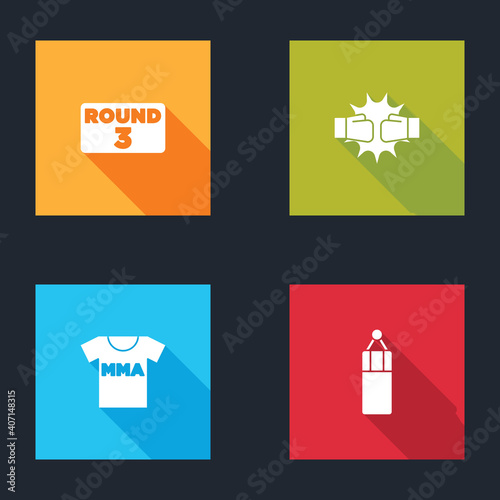 Set Boxing ring board, Punch boxing gloves, T-shirt with fight club MMA and Punching bag icon. Vector.