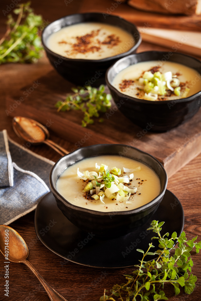 Bowls of homemade leek and potato soup