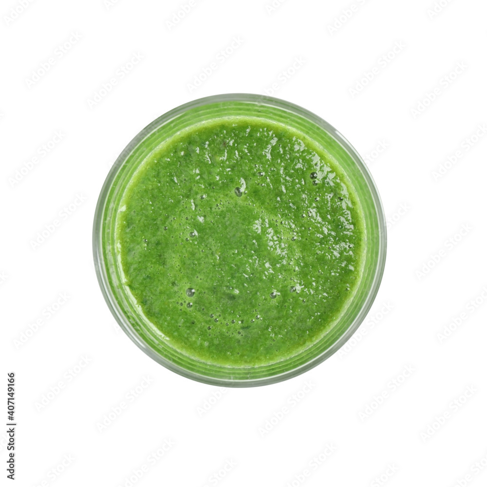 Fresh green juice in glass isolated on white, top view Fresh green juice in glass isolated on white, top view