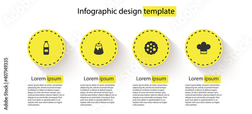 Set Bottle with milk, Pudding custard, Cookie or biscuit and Chef hat. Business infographic template. Vector.