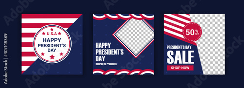 US President's Day greeting card displayed with the national flag of the United States of America. Social media templates for US president's day.