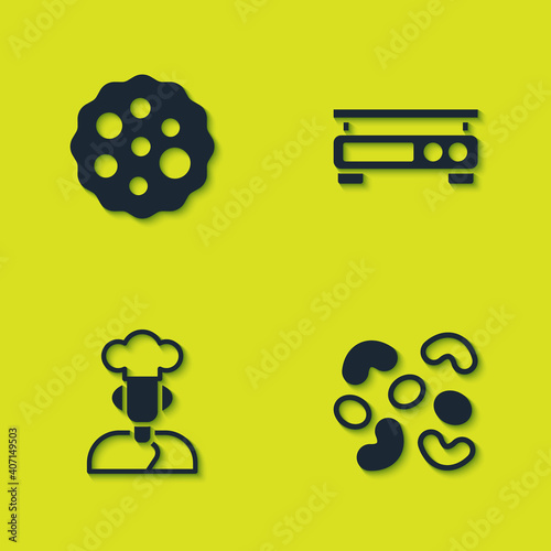 Set Cookie or biscuit, Jelly candy, and Electronic scales icon. Vector.