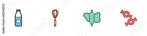 Set Bottle with milk, Kitchen whisk, Rolling pin on dough and Candy icon. Vector.