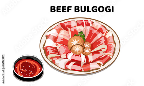 a dish of beef sliced bulgogi with sauce on white background. Isolated vector illustration.