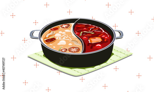 Two soup in one pot, hotpot spicy on white background. Isolated close up vector illustration.