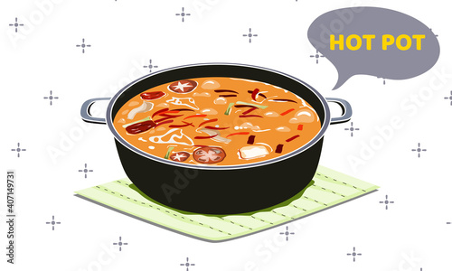 a pot of spicy soup, hot pot on white background. Isolated vector illustration.