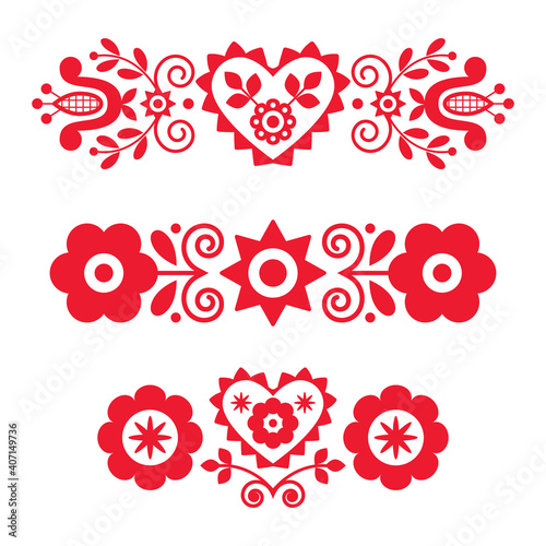 Polish red floral folk art vector long design elements collection inspired by traditional embroidery, greeting card patterns