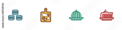 Set Macaron cookie, Cutting board, Pudding custard and Piece of cake icon. Vector.