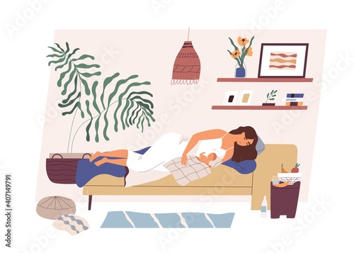 Tired and happy mom with newborn baby sleeping together in modern cozy room. Mother and child lying on bed. Colored flat vector illustration isolated on white background