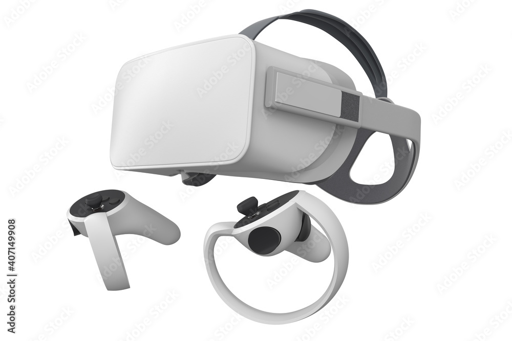 Virtual reality glasses and controllers for online gaming isolated on white