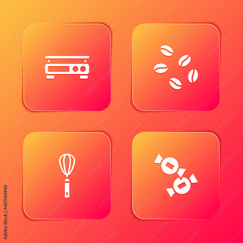 Set Electronic scales, Coffee beans, Kitchen whisk and Candy icon. Vector. Set Electronic scales, Coffee beans, Kitchen whisk and Candy icon. Vector.