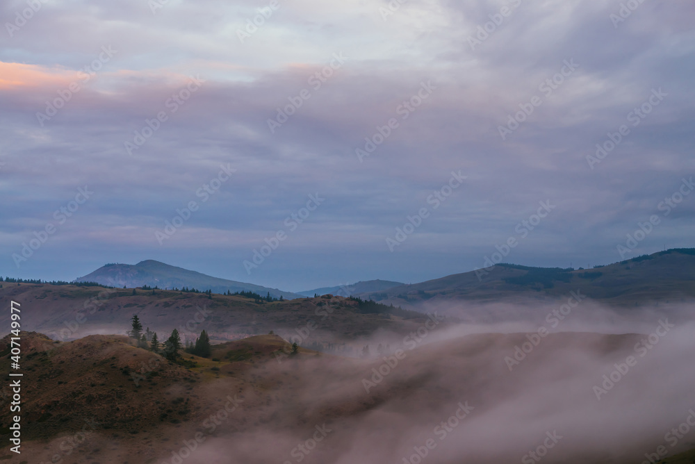 Scenic dawn mountain landscape with fog on hill with trees and mountain top under blue sunset or sunrise cloudy sky. Atmospheric scenery with low clouds among trees and mountain peak at sundown.