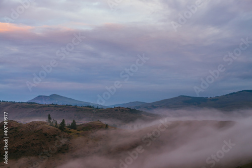 Scenic dawn mountain landscape with fog on hill with trees and mountain top under blue sunset or sunrise cloudy sky. Atmospheric scenery with low clouds among trees and mountain peak at sundown.
