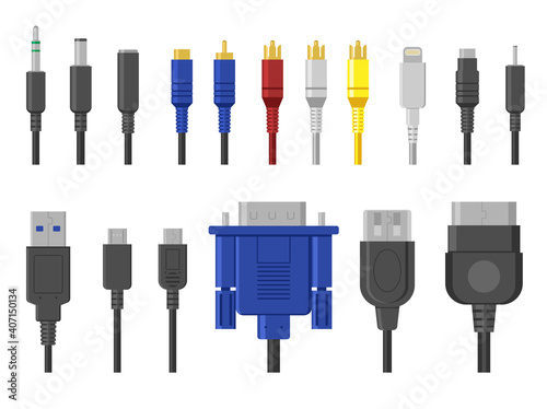 Plug contacts set. Cables, wire connectors, connection for ethernet, hdmi, vga, usb, video, audio ports. Vector illustration for computing, cord communication, hardware, electricity concept