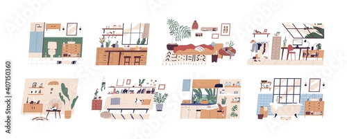 Set of scandi interiors isolated on white background. Cozy furnished rooms WC, bathroom, bedroom, living room, kitchen and workplace with houseplants and modern furniture. Flat vector illustration
