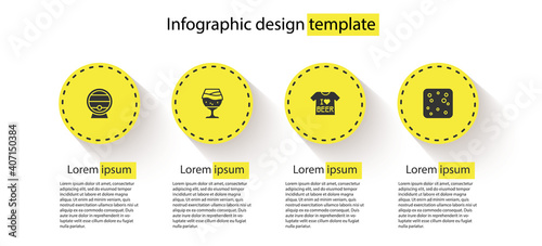 Set Wooden barrel on rack, Glass of beer, Beer T-shirt and bubbles. Business infographic template. Vector.