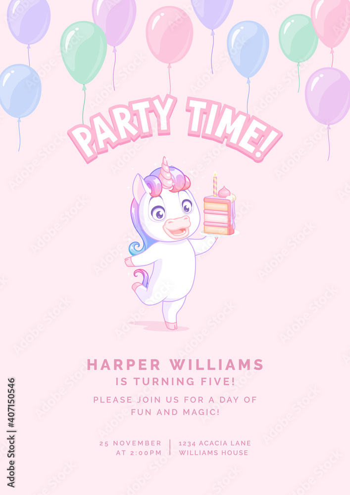 Dancing unicorn with cake. Vector birthday party invitation on pink background.