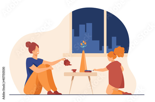 Mom and daughter drinking tea together. Play, game, sweets, tea break. Flat vector illustration. Family, leisure time at home concept for banner, website design or landing web page