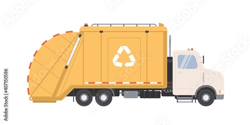Side view of garbage truck with recycle sign for waste removal. Yellow lorry with refuse hopper and lift bucket for rubbish collection. Colored flat vector illustration isolated on white background