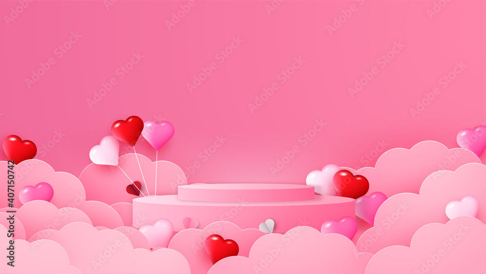Circular stage podium for Valentine's decorated with Hearts, cloud and blank space. Valentine's mockup template. paper cut and craft style. vector, illustration.