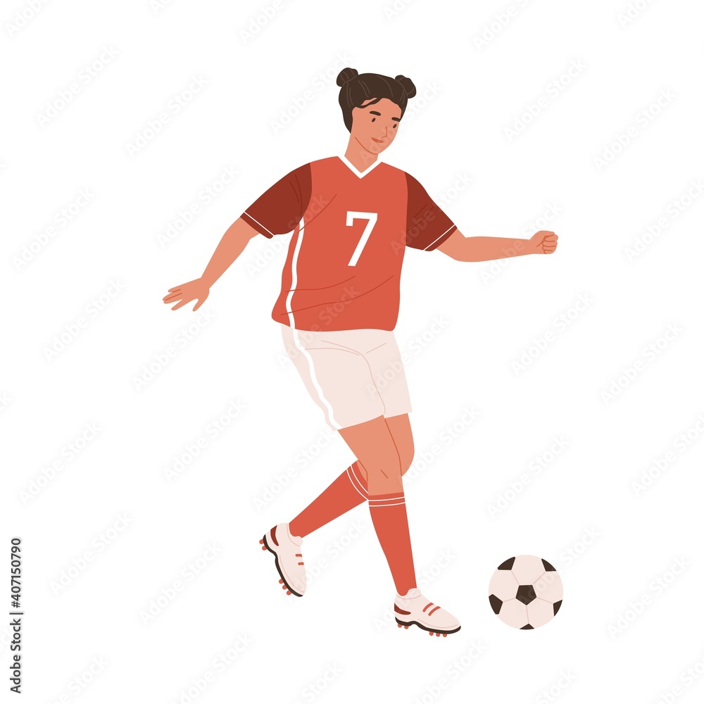 Young female football player running up to kick ball forward. Woman playing European soccer in red sports outfit, boots and stockings. Colored flat vector illustration isolated on white background