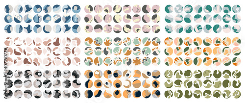 Big Set of Abstract backgrounds icons. Wavy round template for social networks stories and posts. Vector illustrations. Hand drawn doodle various shapes, lines, spots, drops, curves. 