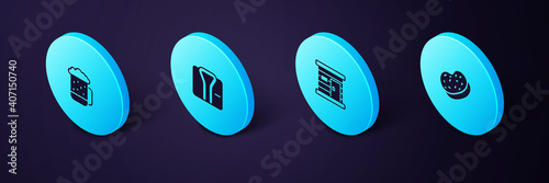 Set Isometric Bath sponge, Sauna wooden bathhouse, Bathrobe and Wooden beer mug icon. Vector.