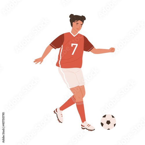 Fototapeta Naklejka Na Ścianę i Meble -  Young female football player running up to kick ball forward. Woman playing European soccer in red sports outfit, boots and stockings. Colored flat vector illustration isolated on white background