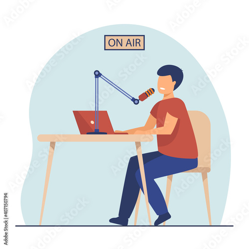 Radio host speaking at microphone at laptop. On air, presenter, blogger. Flat vector illustration. Communication, anchor, broadcasting concept for banner, website design or landing web page
