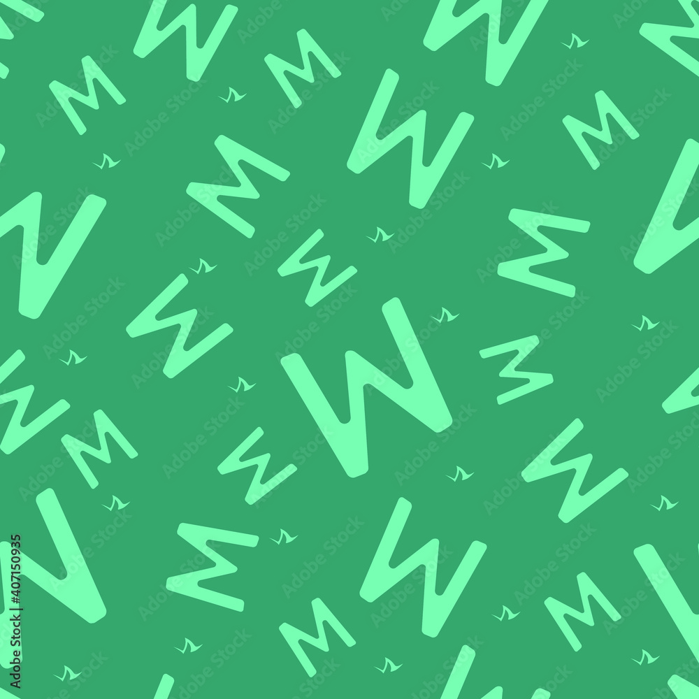 Turquoise seamless pattern with the letter m on a green background. Minimalistic freehand drawing style. Background for fabric, wallpaper, bed linen. Vector illustration. Turquoise seamless pattern with the letter m on a green background. Minimalistic freehand drawing style. Background for fabric, wallpaper, bed linen. Vector illustration.