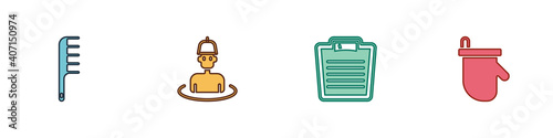 Set Hairbrush, Man in the sauna, Bathroom scales and Sauna mittens icon. Vector.