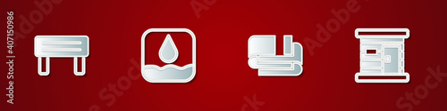 Set Sauna wood bench, Water drop, Towel stack and wooden bathhouse icon. Vector.