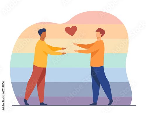 Male gay couple in love. Heart symbol, hug, rainbow background. Flat vector illustration. Homosexual relationship, parade, equality concept for banner, website design or landing web page